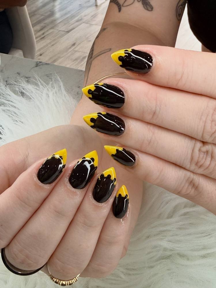 Black Nails with Yellow Floral and Dot Accents