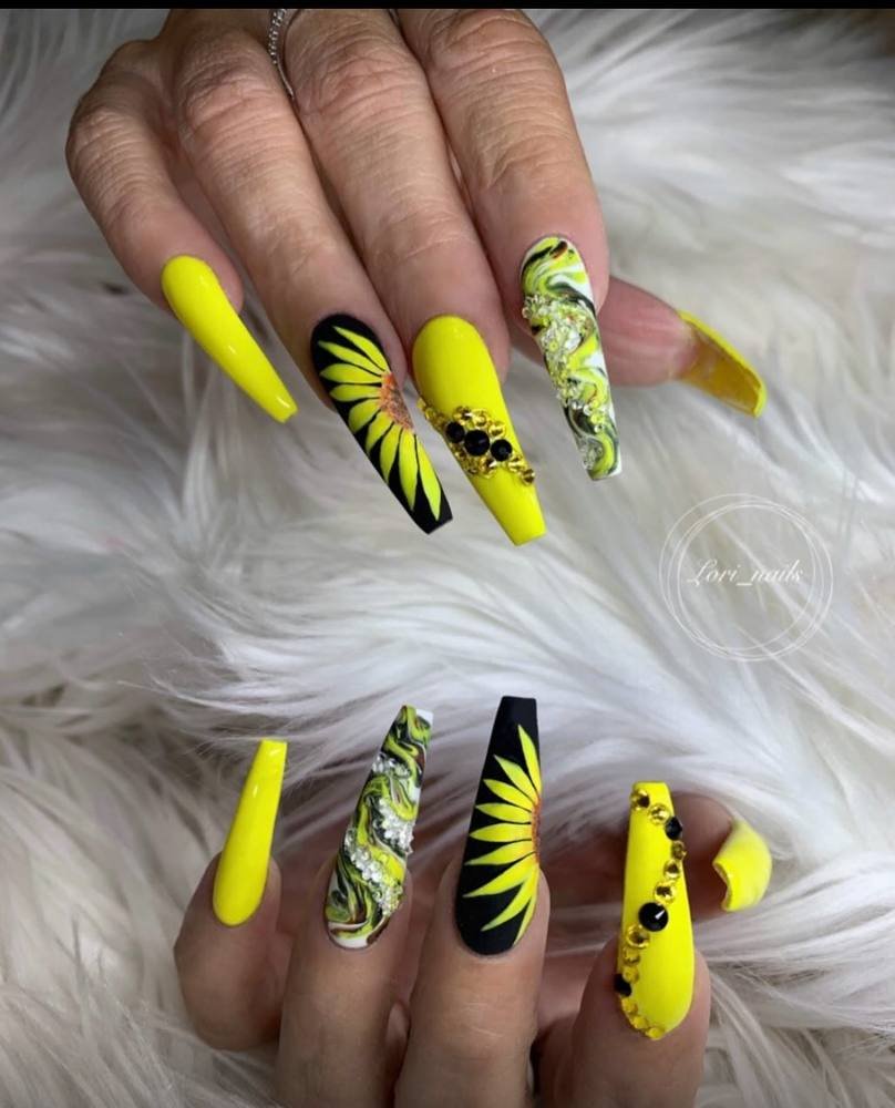Neon Yellow Nails with Black and Gray Striping