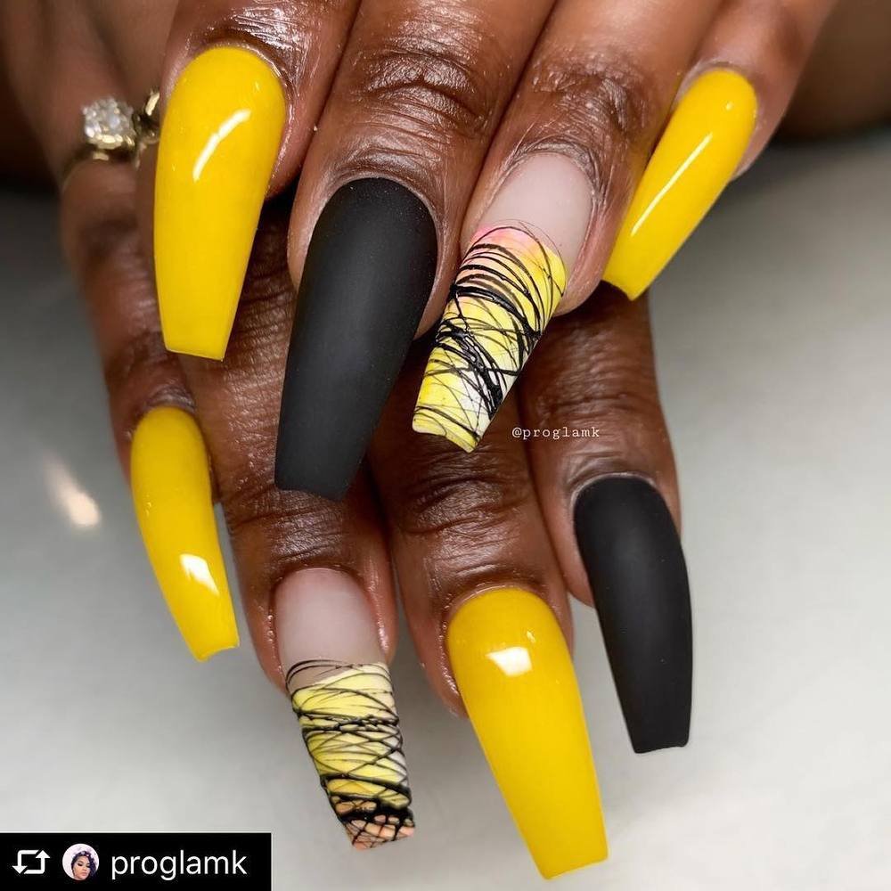 Yellow and Black Long Nails with Striped Wrap Details