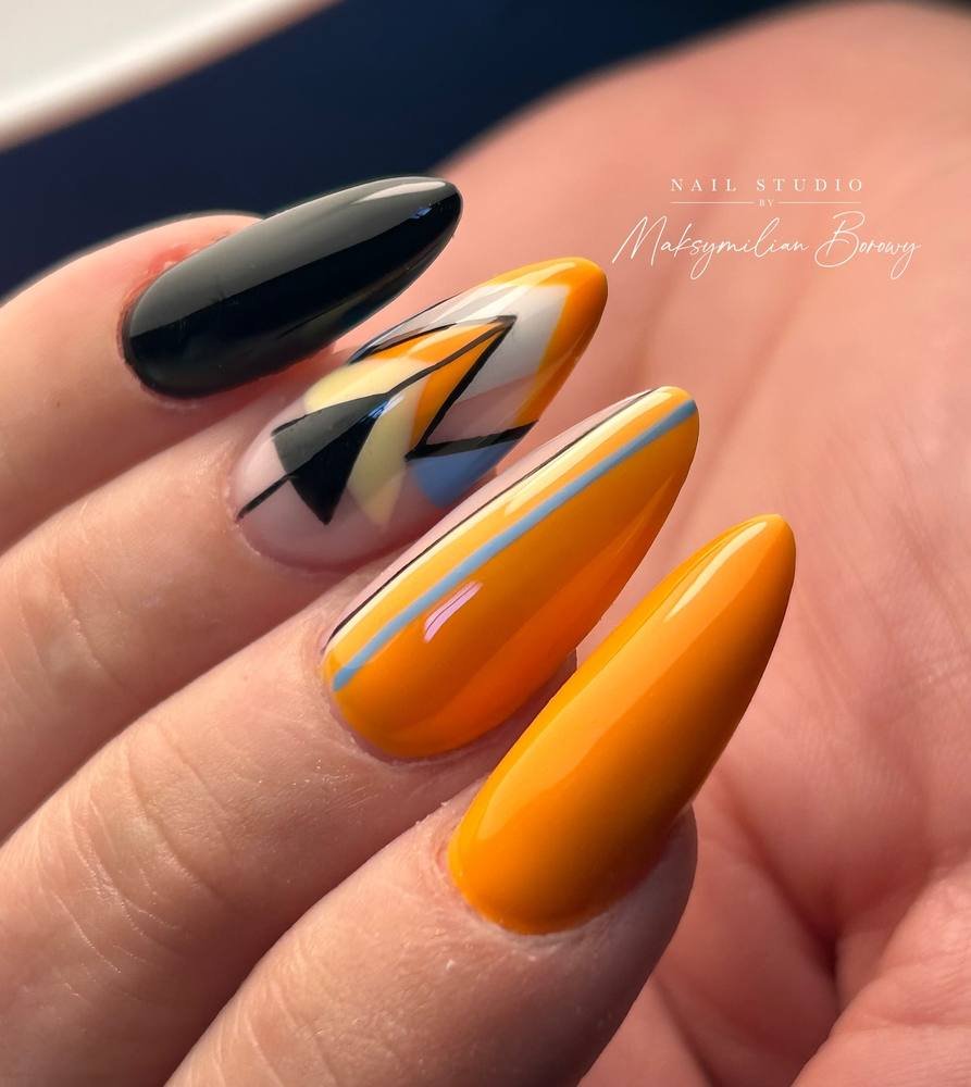 Orange-Yellow Almond Nails with Black and Silver Lines