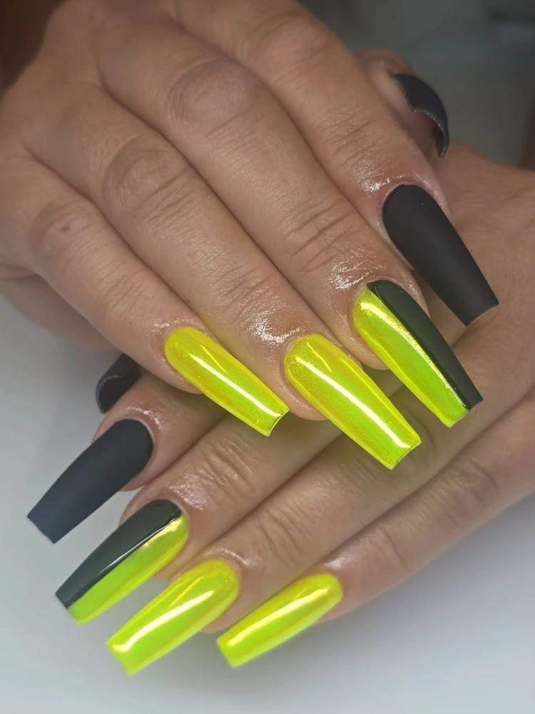 Neon Yellow Square Nails with Charcoal Accents