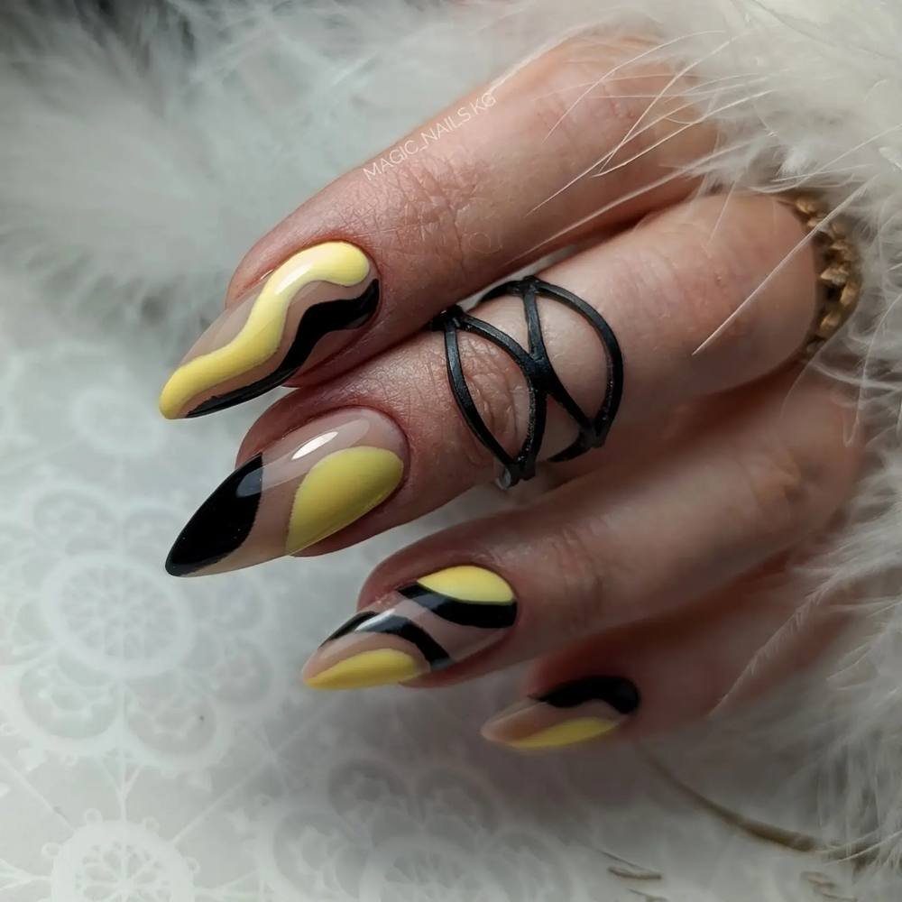 Black and Yellow Almond Nails with Abstract Curves