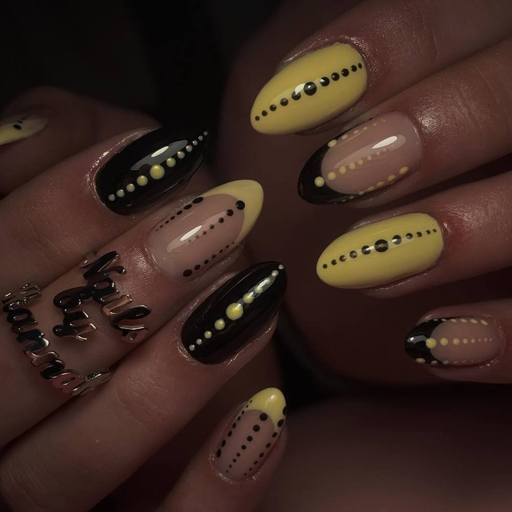 Taupe and Mustard Nails with Black Dot Lines