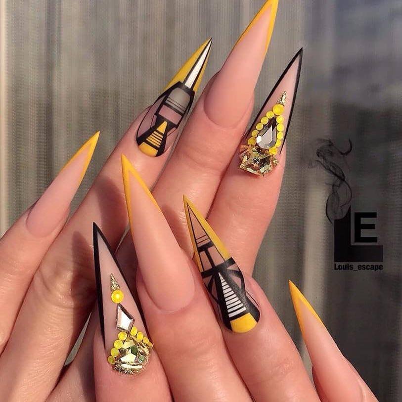 Pink and Yellow Stiletto Nails with Black Line Details