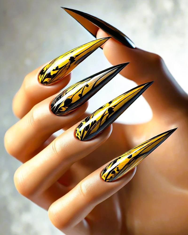 Yellow and Black Stiletto Nails with Metallic-Looking Accents