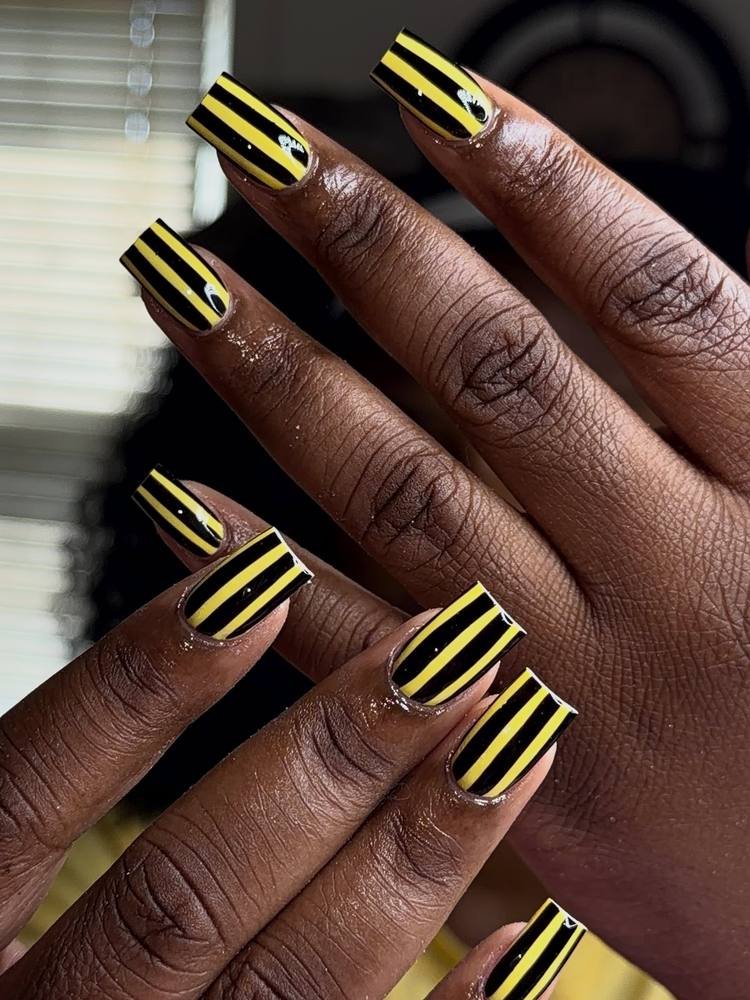 Yellow and Black Short Square Nails with Striped Tips