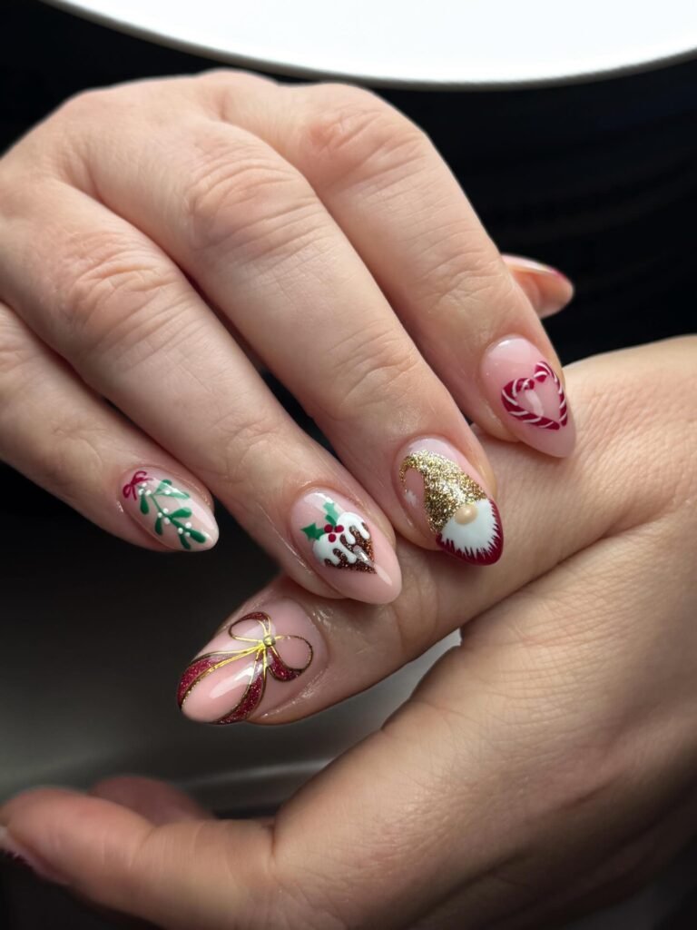 Short Almond Holiday Nails with Tiny Red and Green Accents
