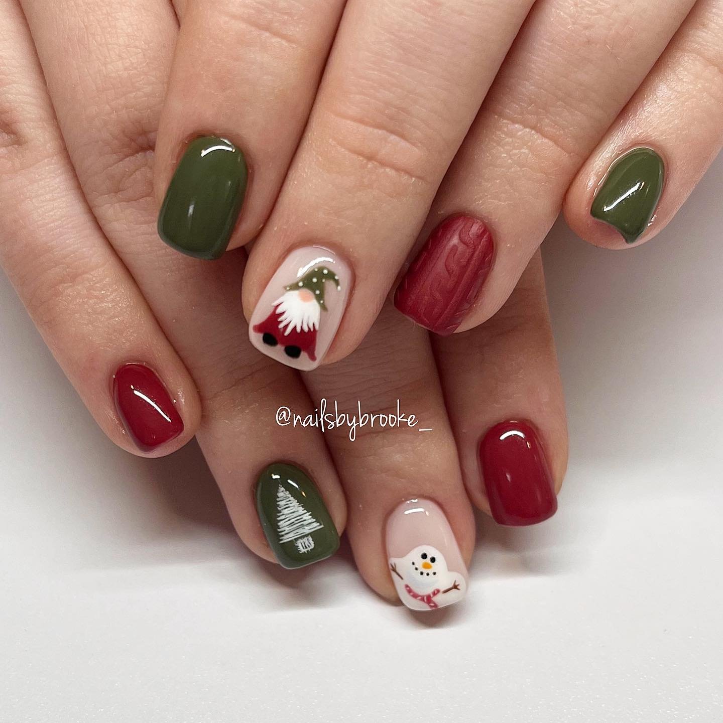 Deep Red and Green Nails with White Holiday Details