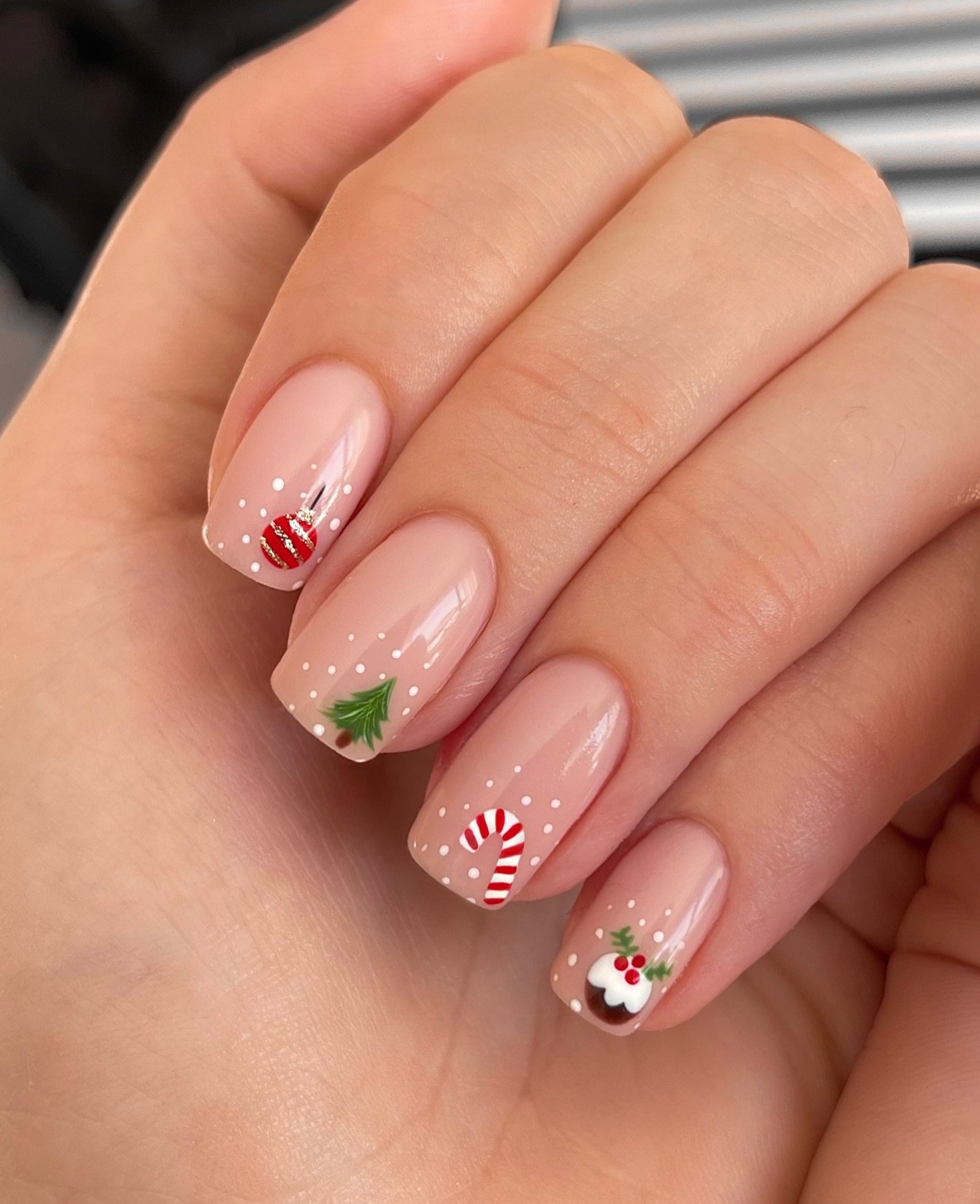 Sheer Pink Nails with Tiny Festive Accents