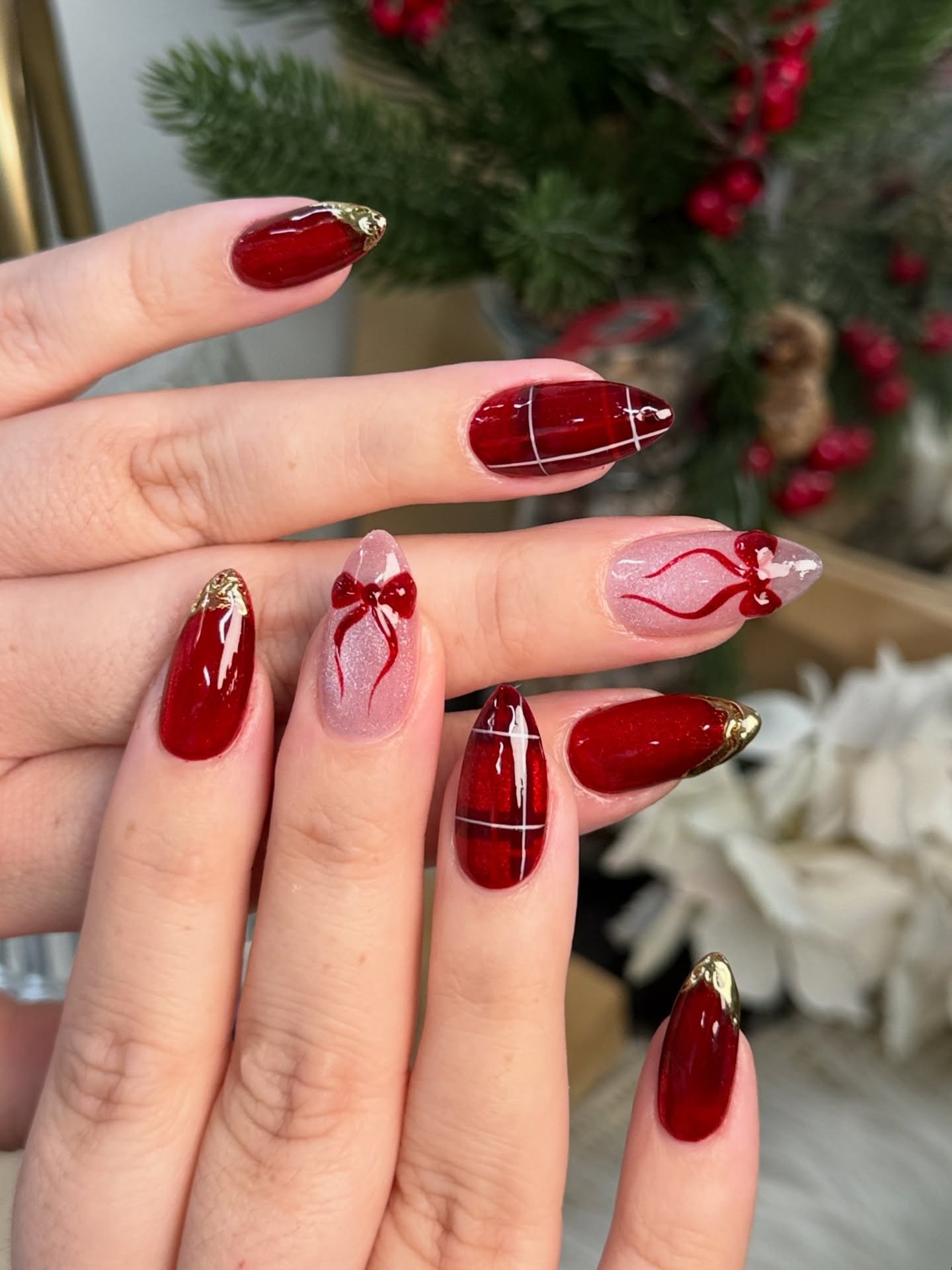 Glossy Red and Pink Nails with Holiday Accents