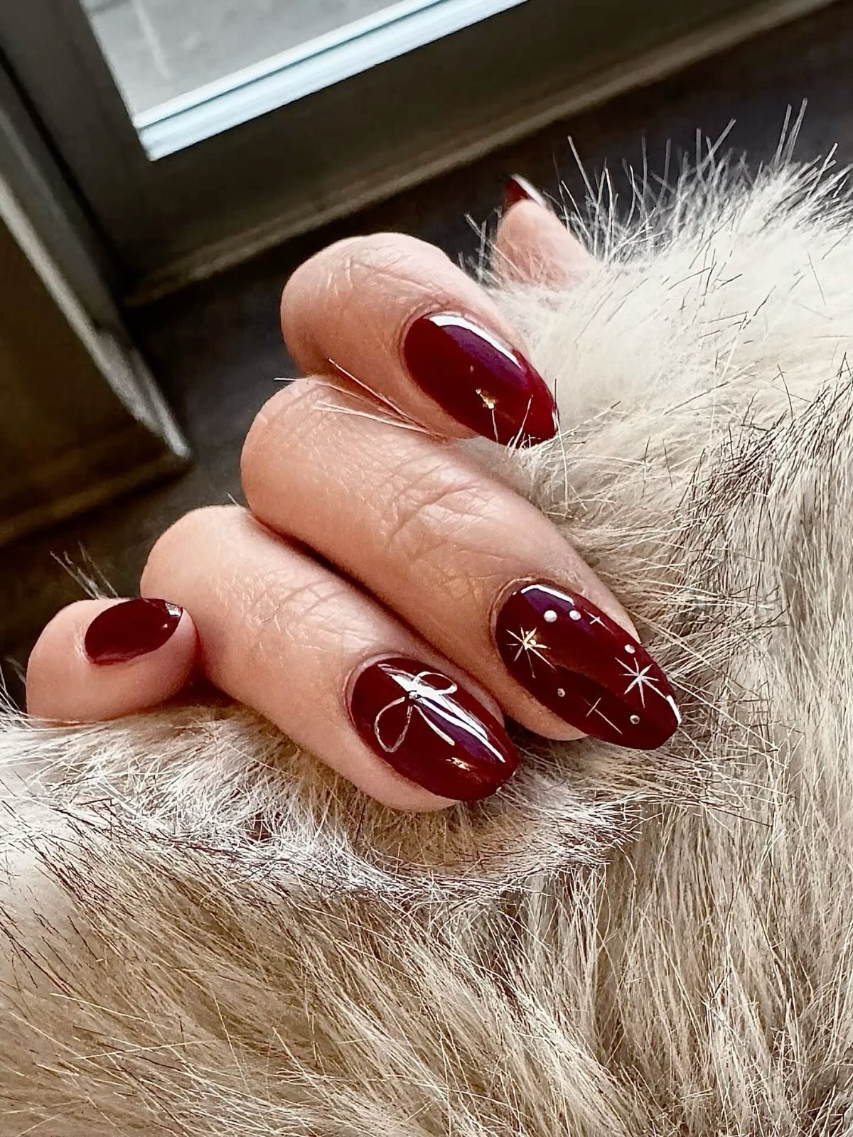 Deep Burgundy Glitter Almond Nails