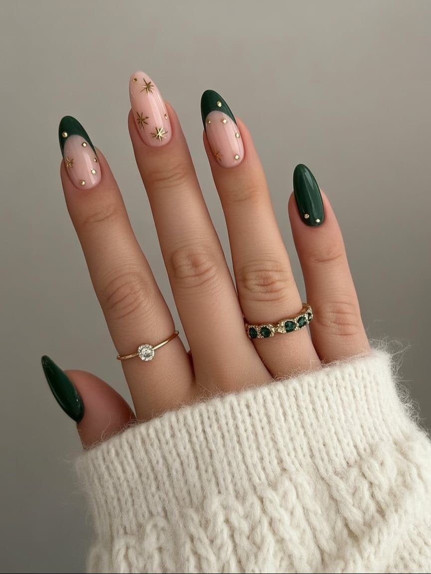 Dark Green French-Style Pointed Nails