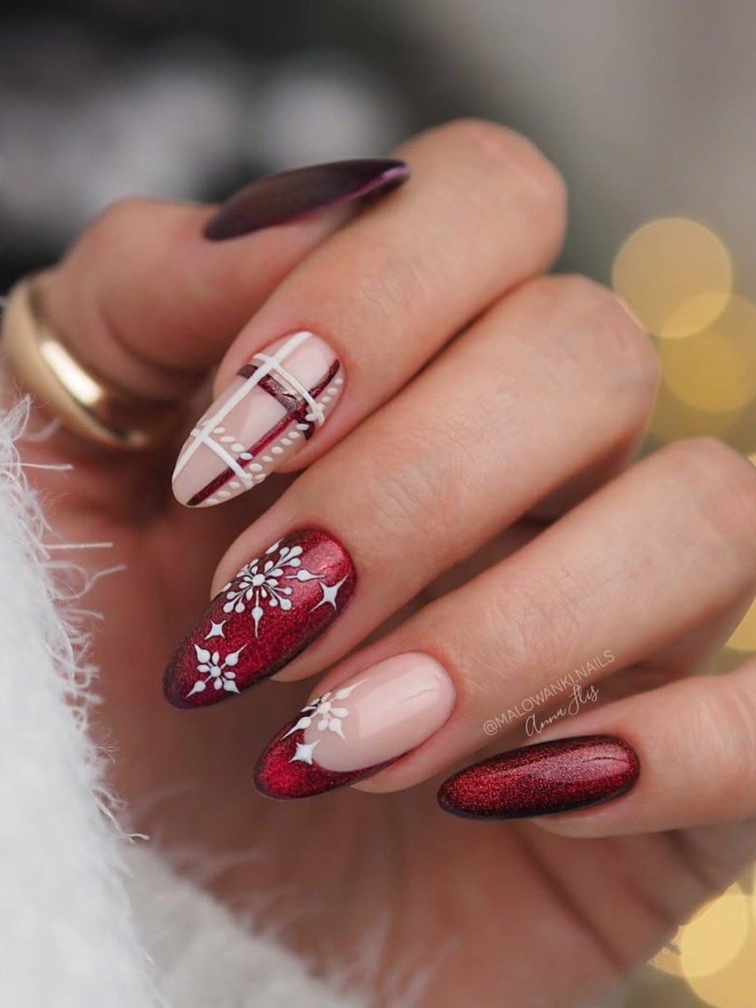 Blush, Burgundy, and Pink Mixed Almond Nails