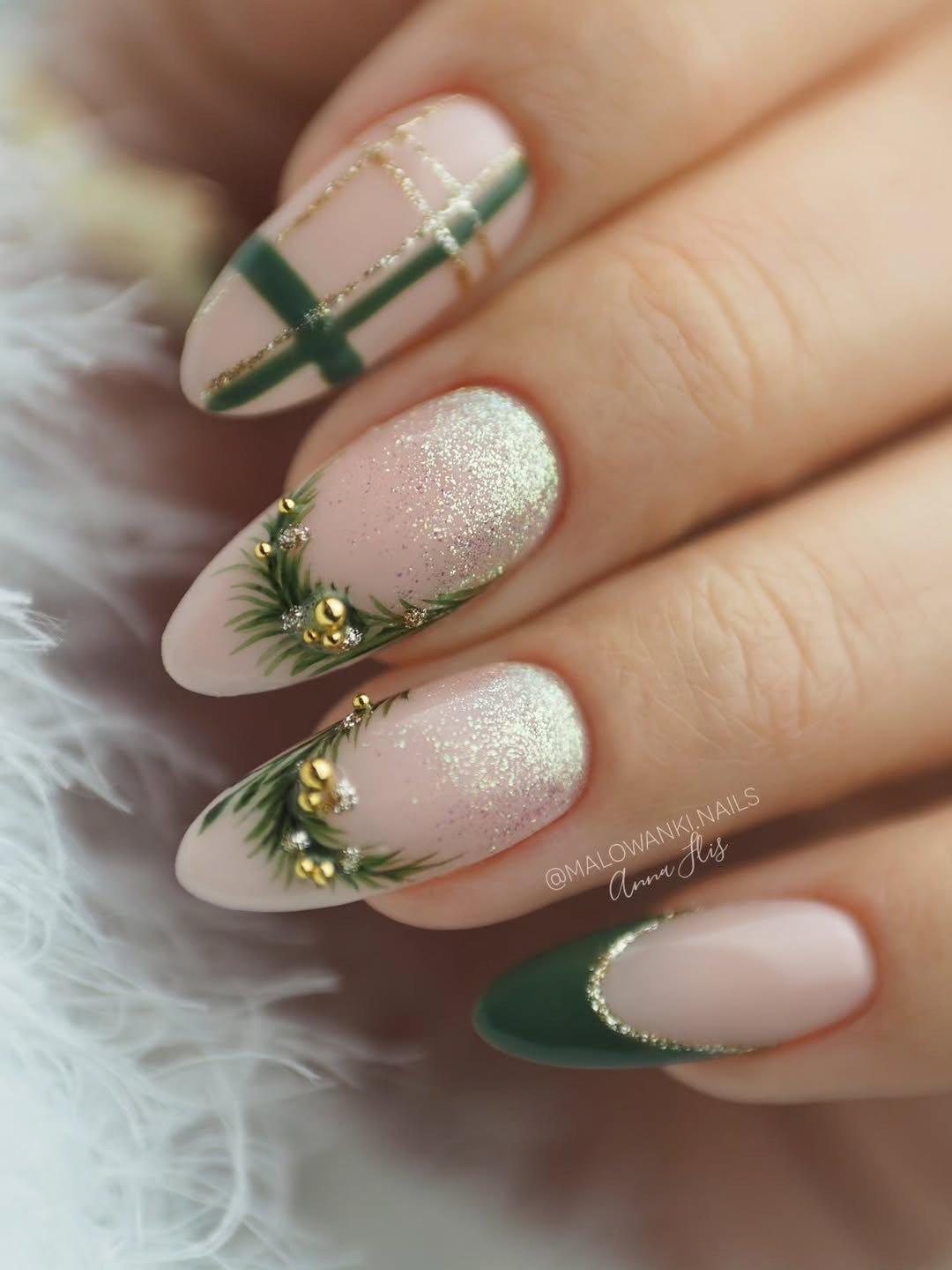 White Nails with Green Stripes and Gold-Toned Accents