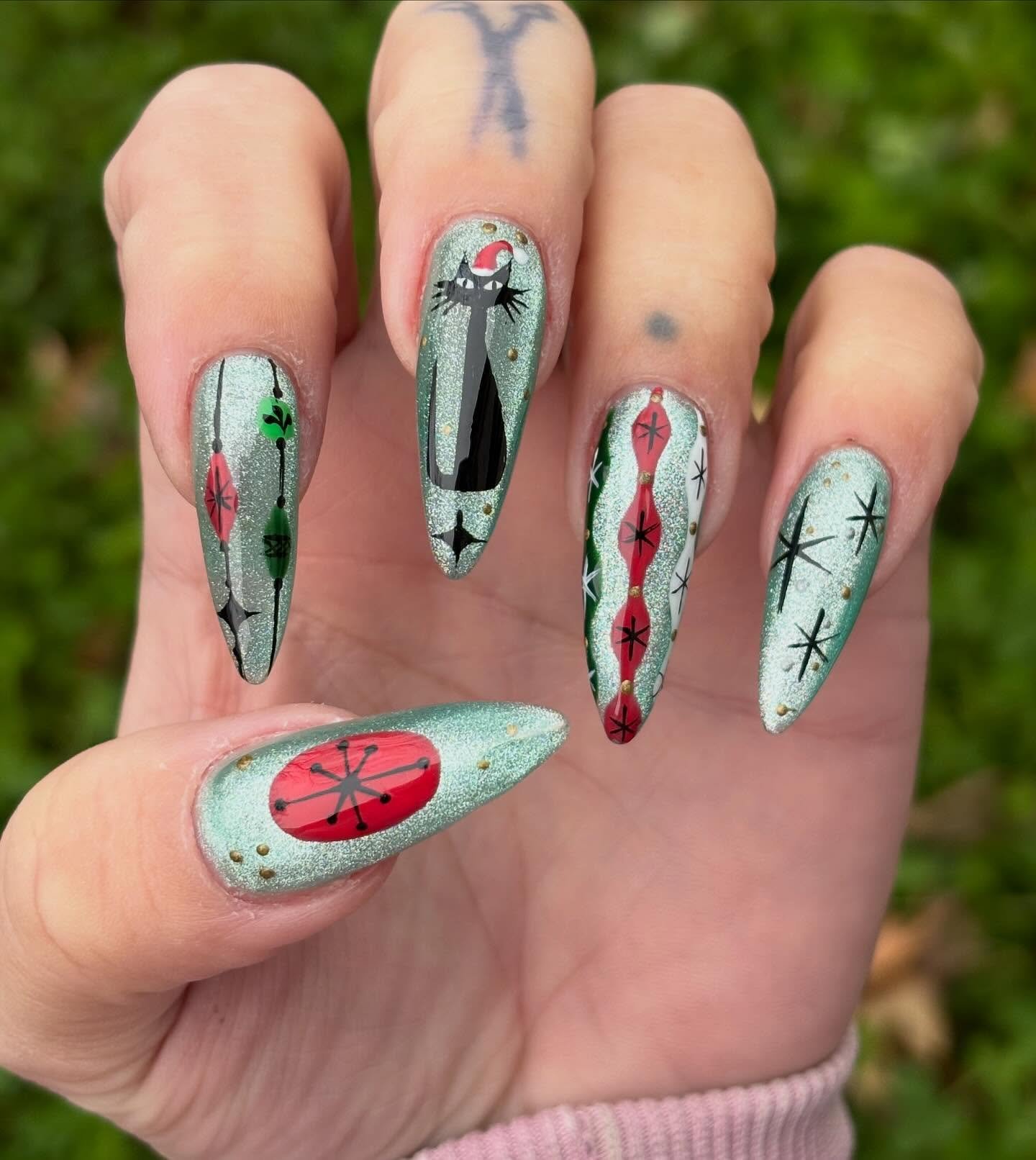Mint and White Almond Nails with Fine Dark Linework