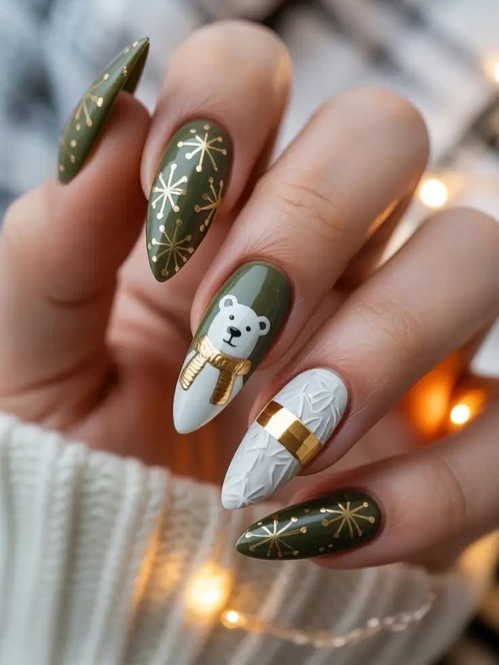 Dark Green Glitter Nails with Black-and-White Accents