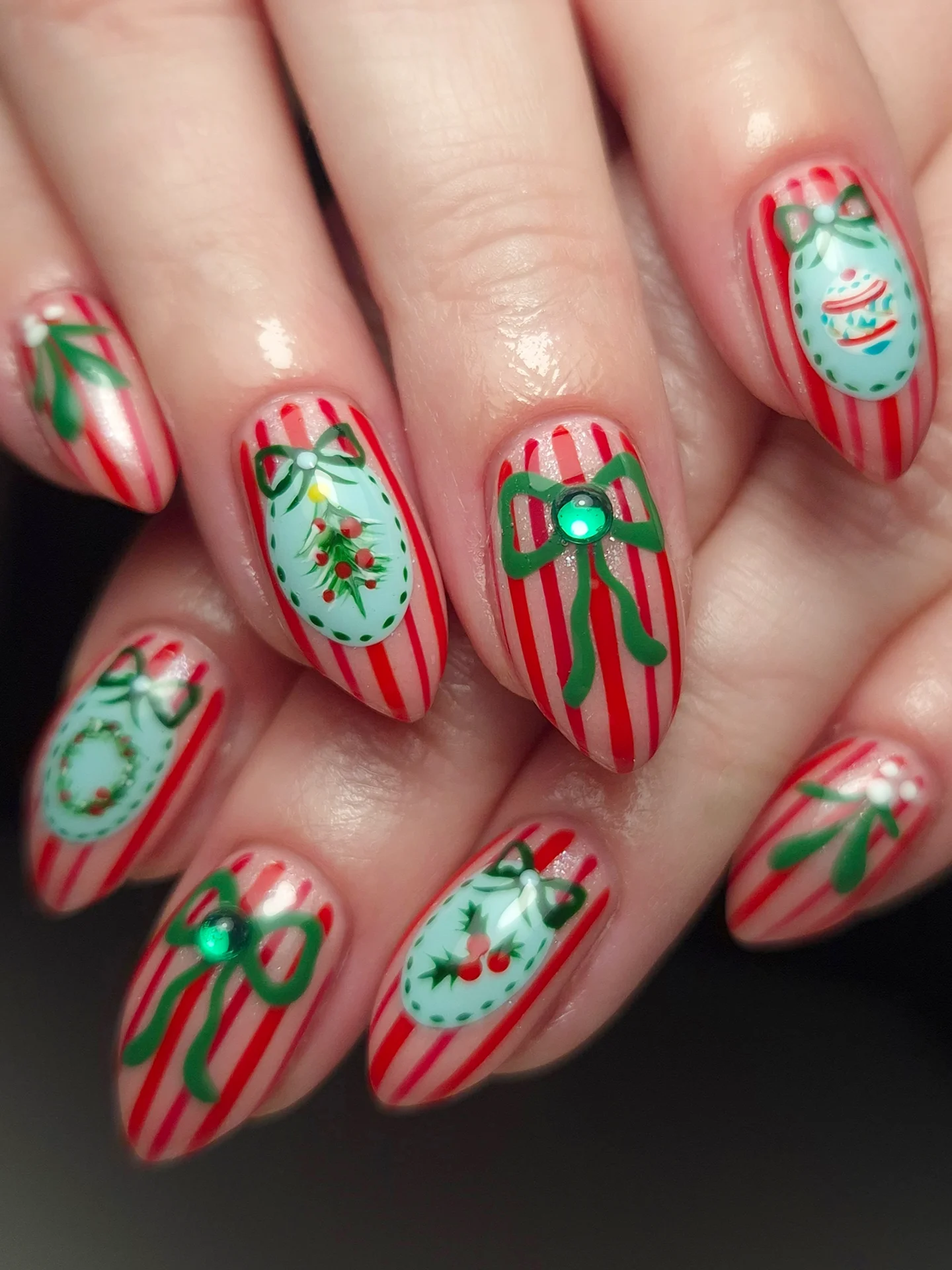 Red and Green Striped Festive Almond Nails