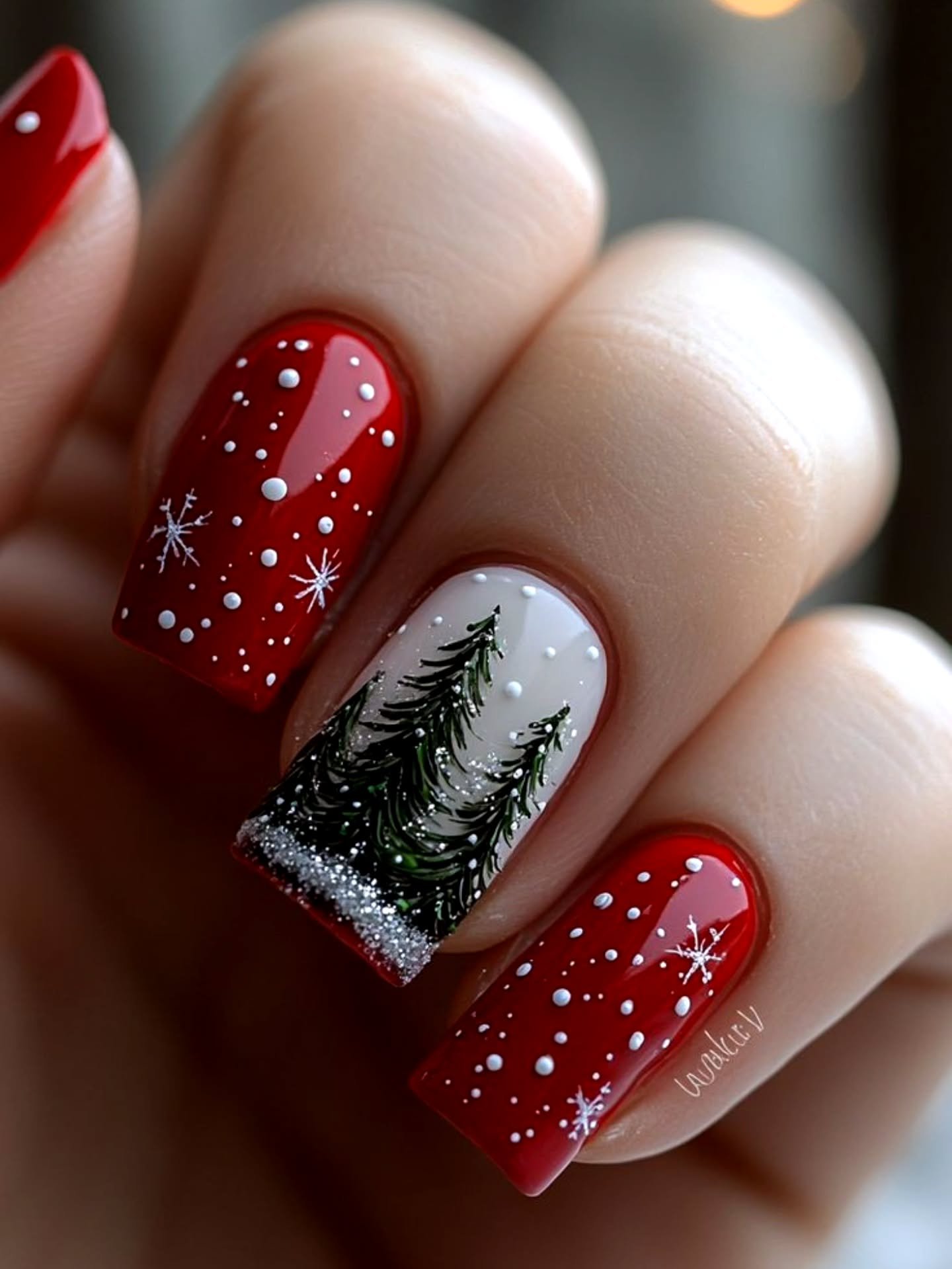 Red Glitter Nails with a Black-and-White Accent
