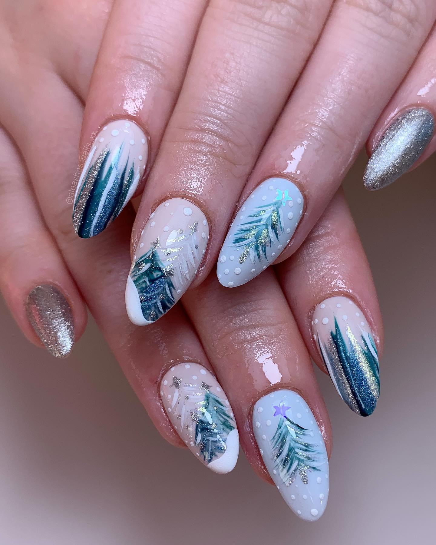 Pale Blue and White Nails with Delicate Blue Linework