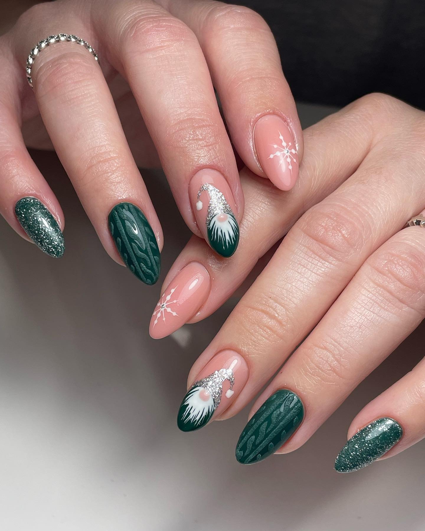 Pale Pink and Dark Green Mixed Nails with Glitter Accents
