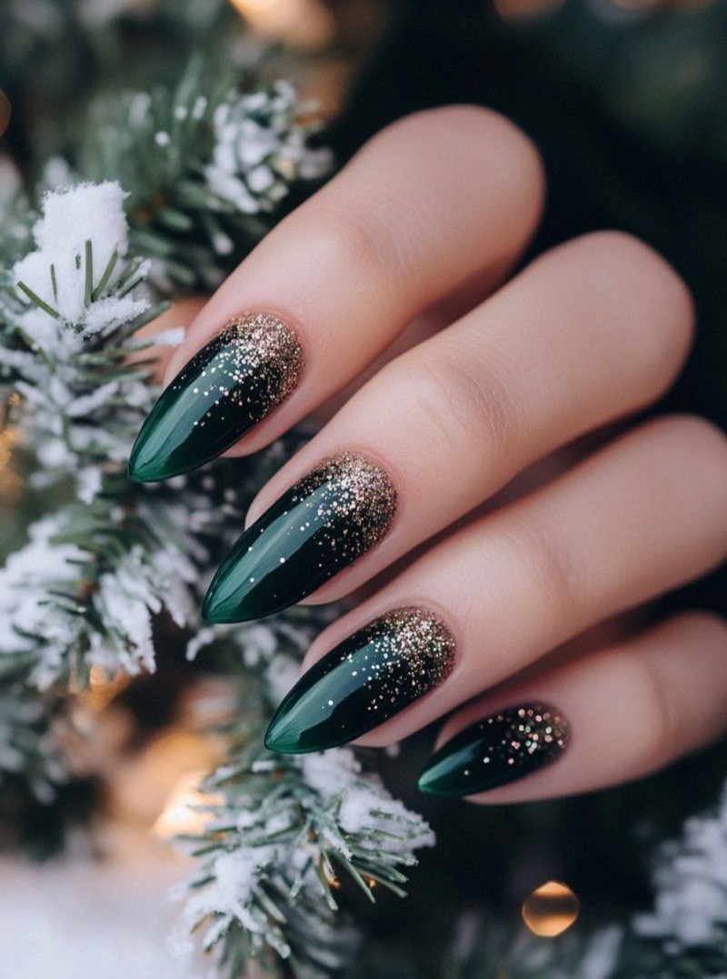 Deep Green Textured Winter Almond Nails