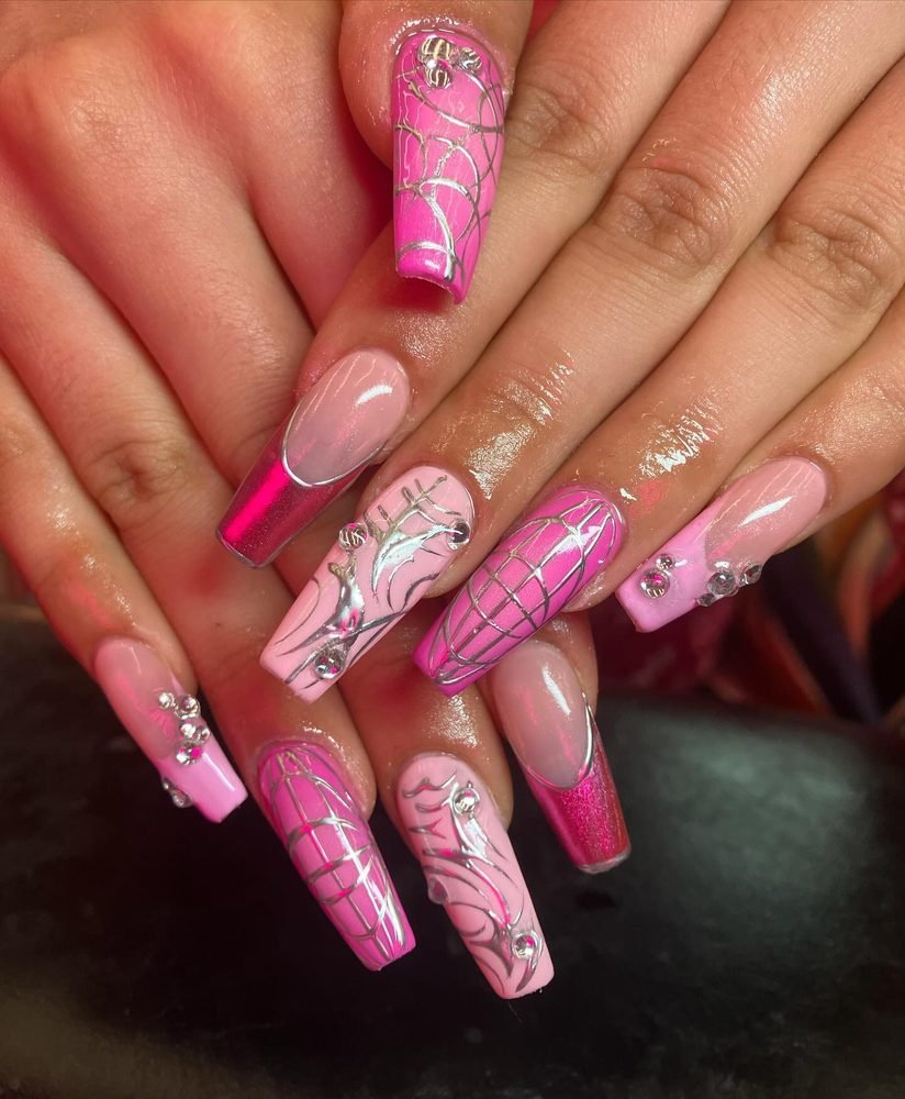 Hot pink and nude disco mosaic coffin nails