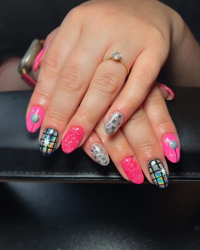 Hot pink silver and black disco mosaic nails
