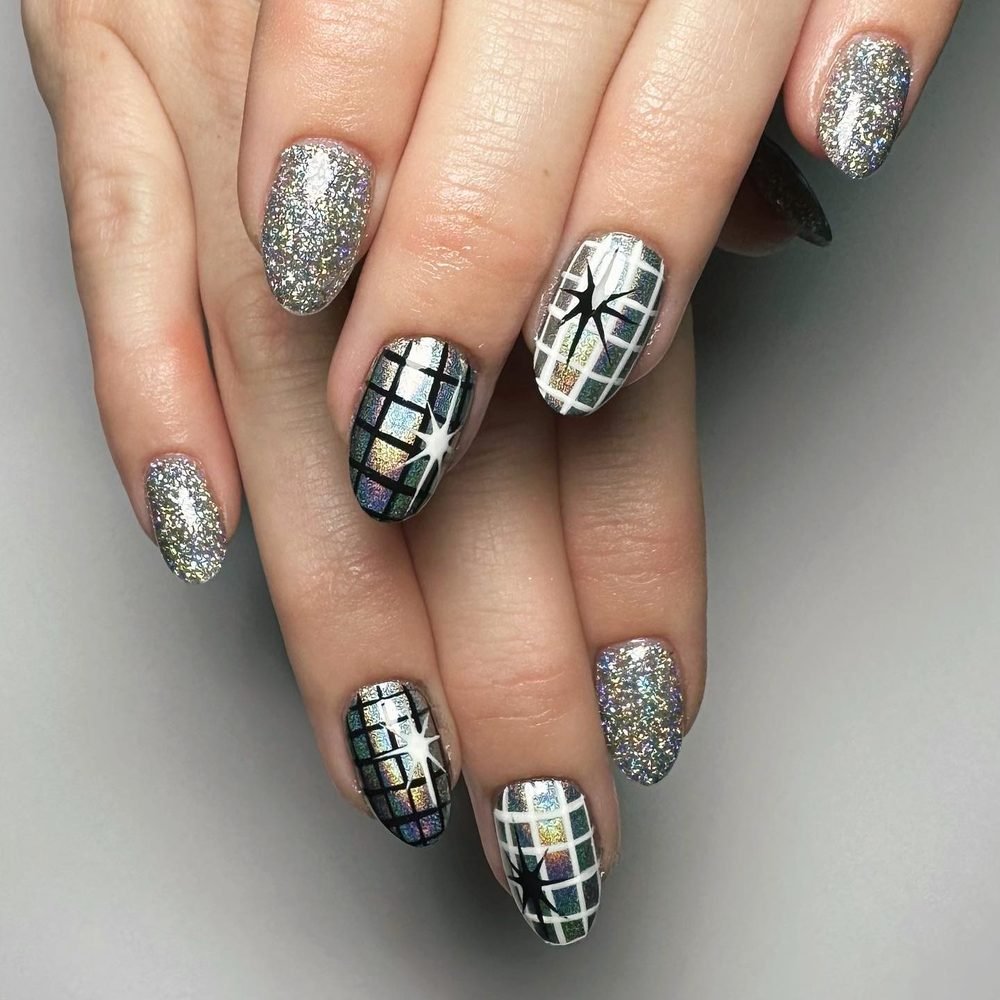 Silver glitter black and white grid nails