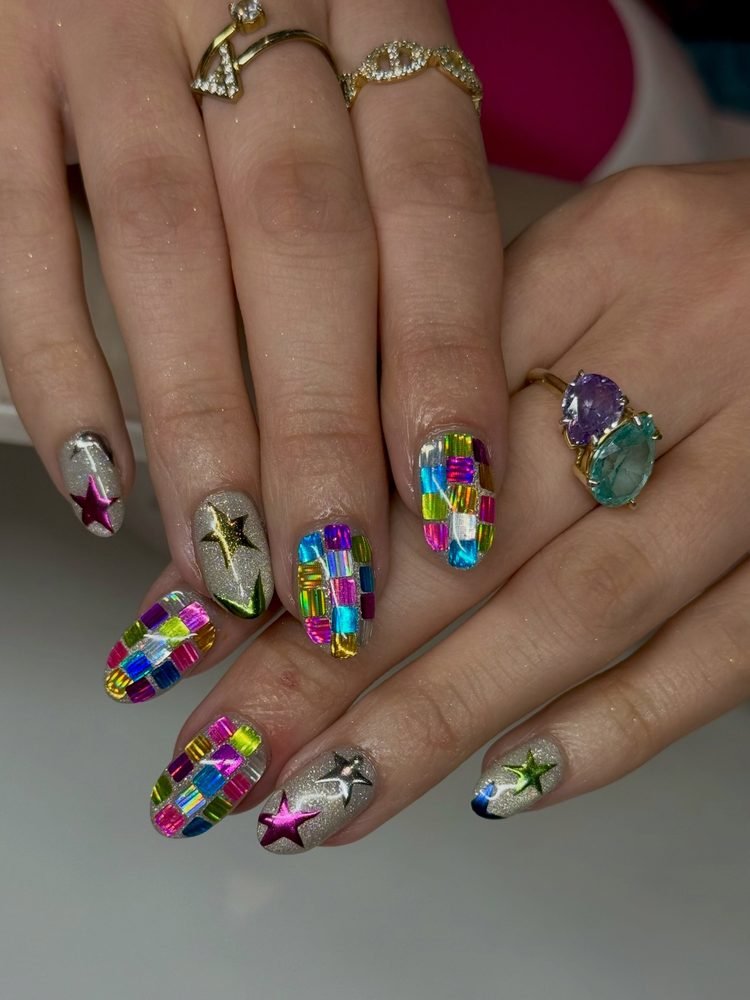 Silver and multicolor mosaic embellished nails