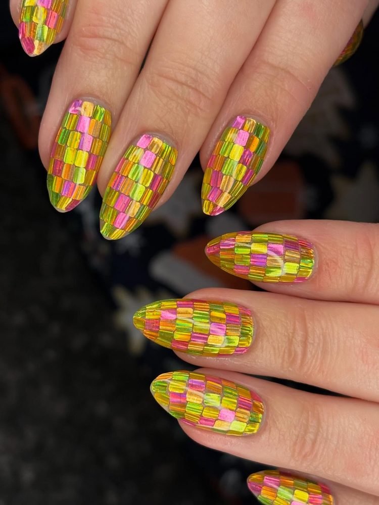 Neon yellow pink and green mosaic nails