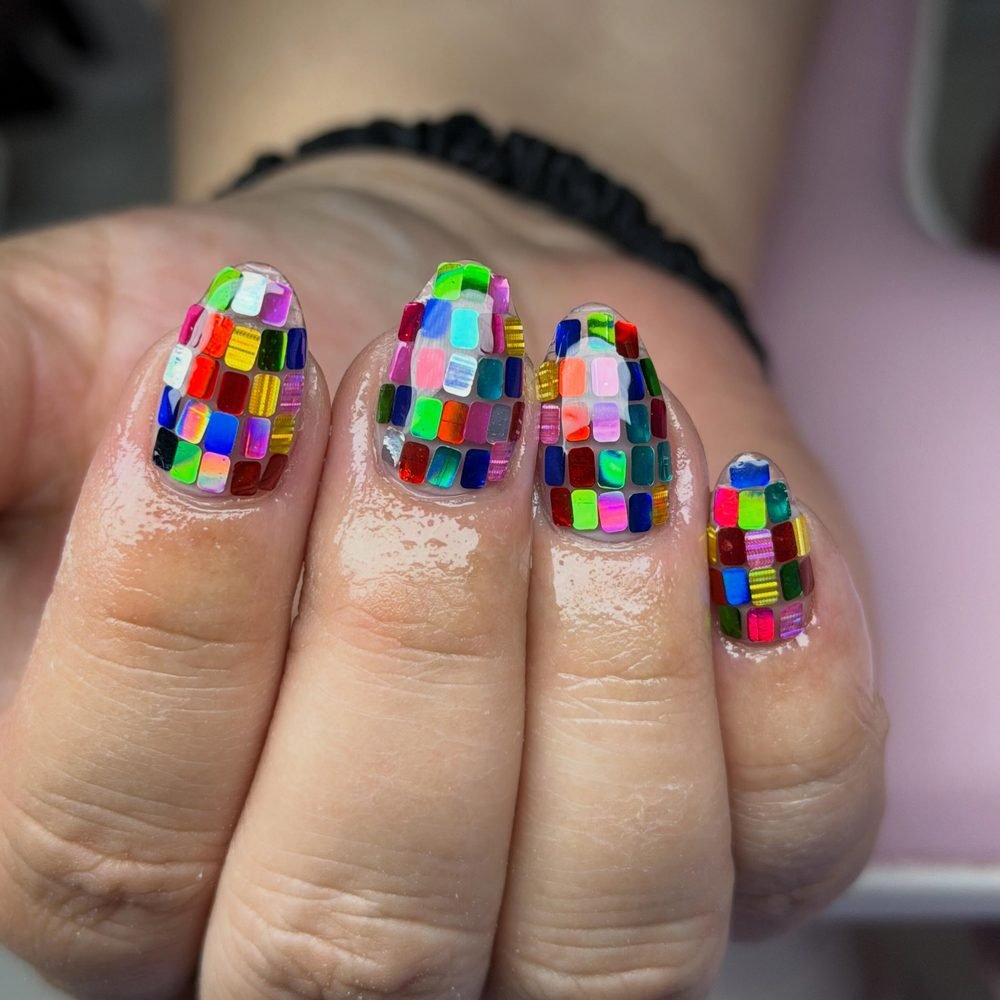 Bright multicolor disco tile nails