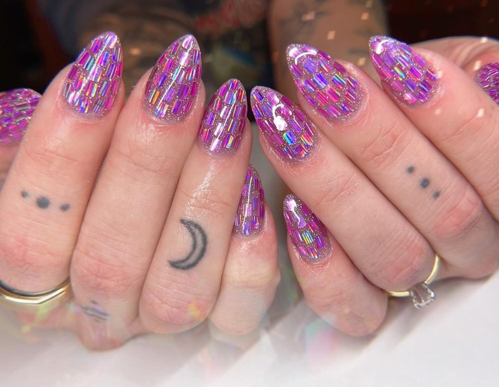 Purple reflective mosaic almond nails