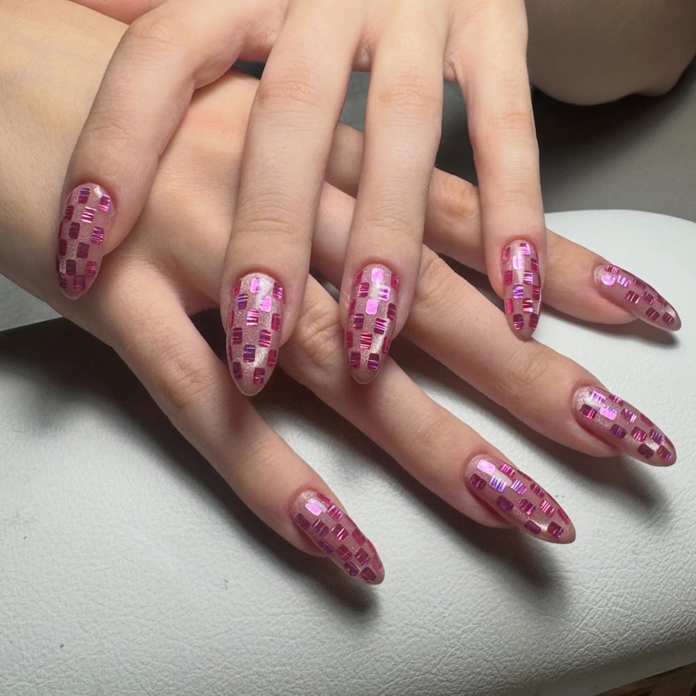Deep pink reflective mosaic almond nails