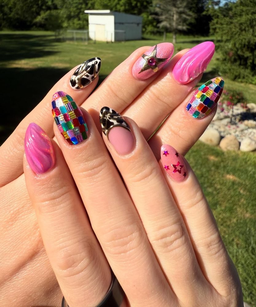 Pink black and multicolor mixed disco nails