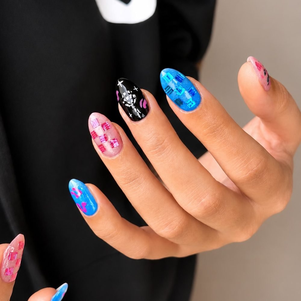 Black blue and pink accent nails