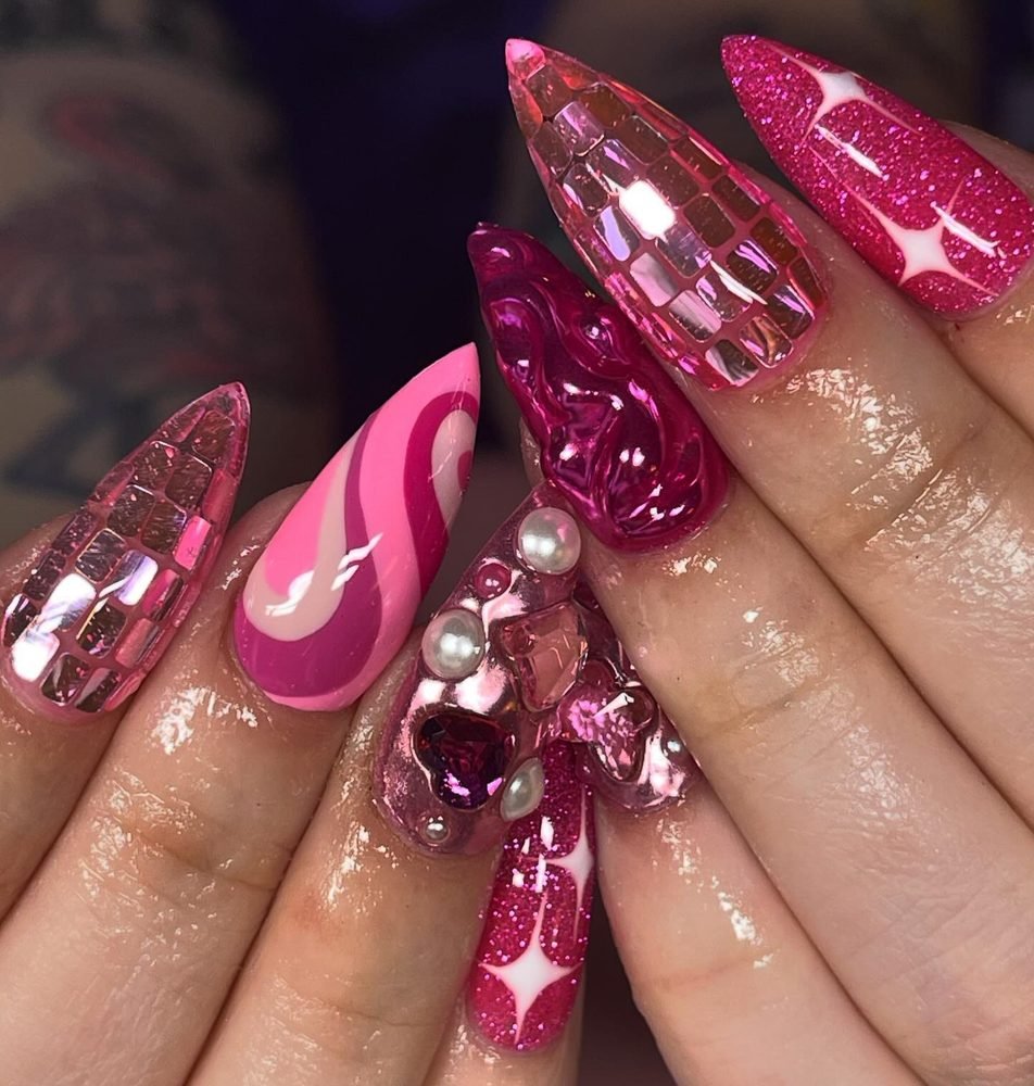 Hot pink 3D disco embellished nails