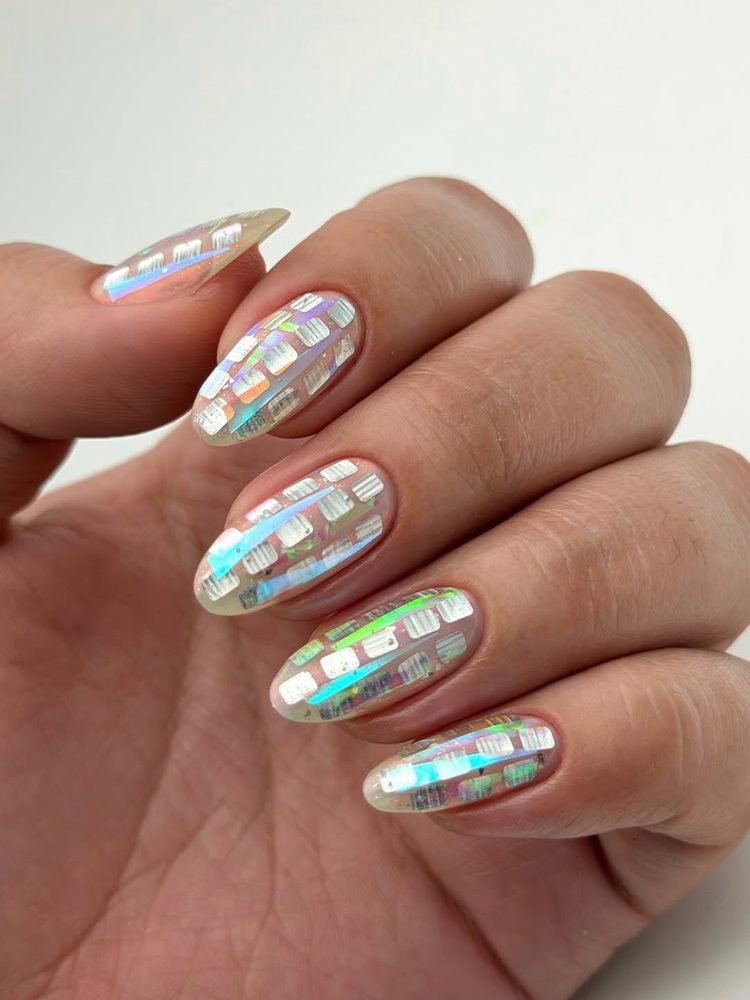 Sheer nails with iridescent mosaic squares