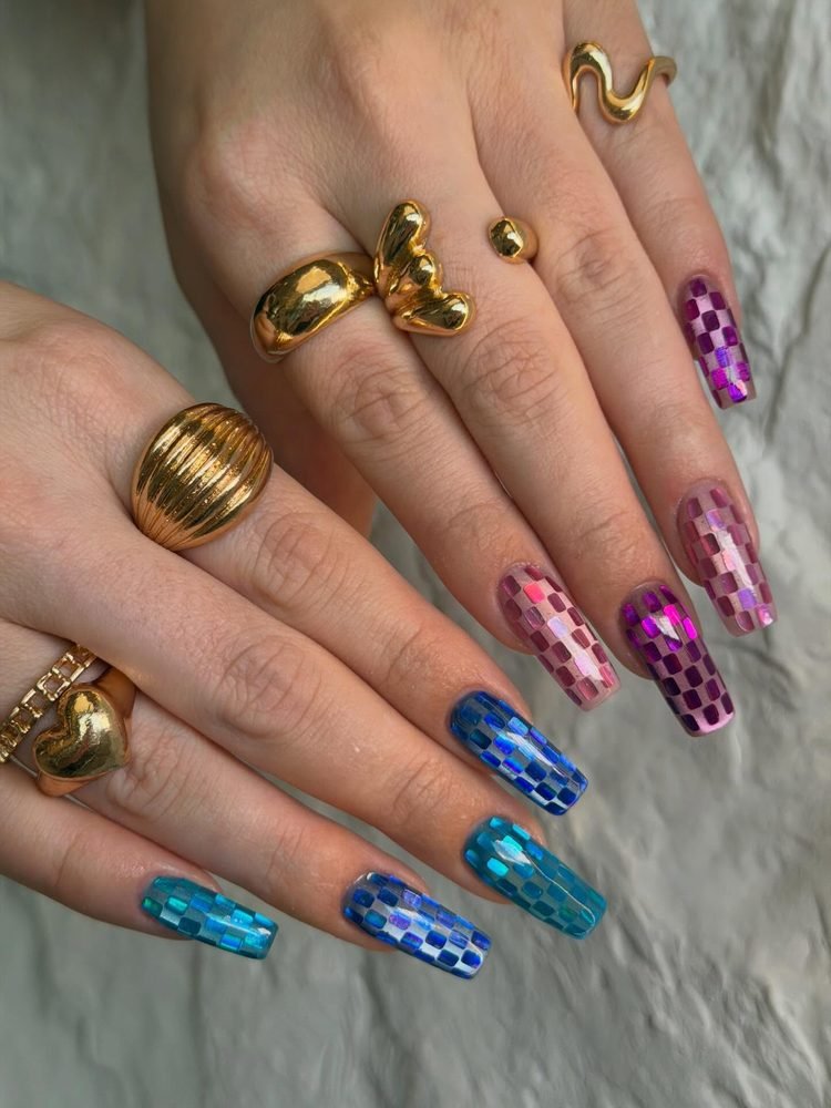 Purple pink and blue mosaic nails