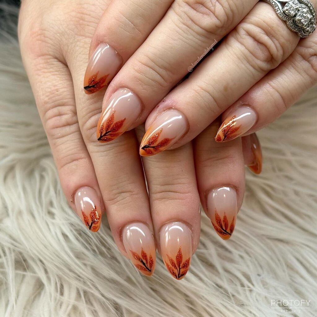 Warm Terracotta French Tips with Leaf Accents
