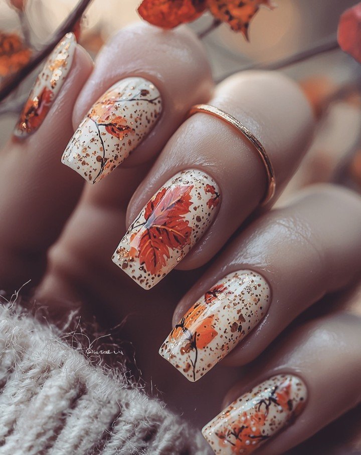 Speckled Cream Nails with Rust Floral Accents
