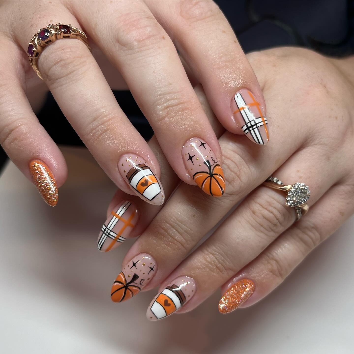 Neutral Mix-and-Match Nails with Autumn Line Art