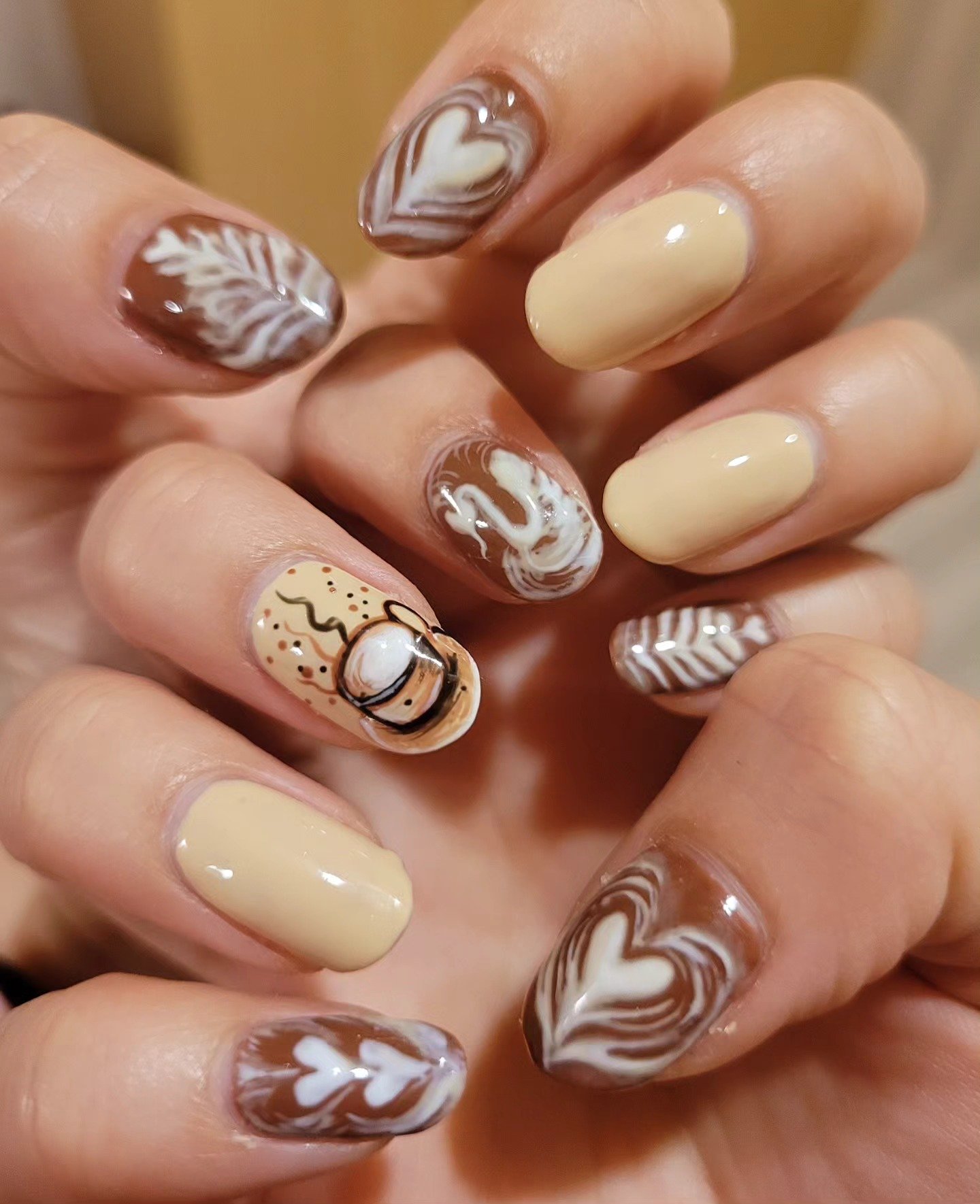 Cream and Brown Nails with Swirls and Plaid Details
