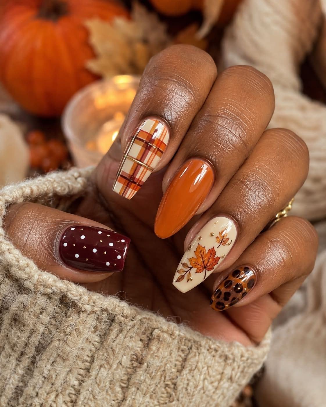 Autumn Brown Nails with Plaid, Dots, and Floral Accents