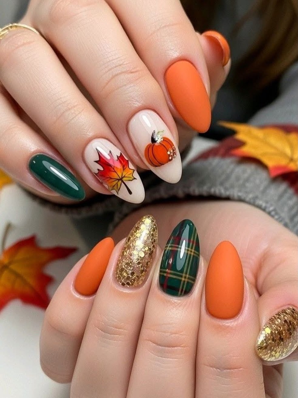 Orange, Green, and Gold Mixed Autumn Nails