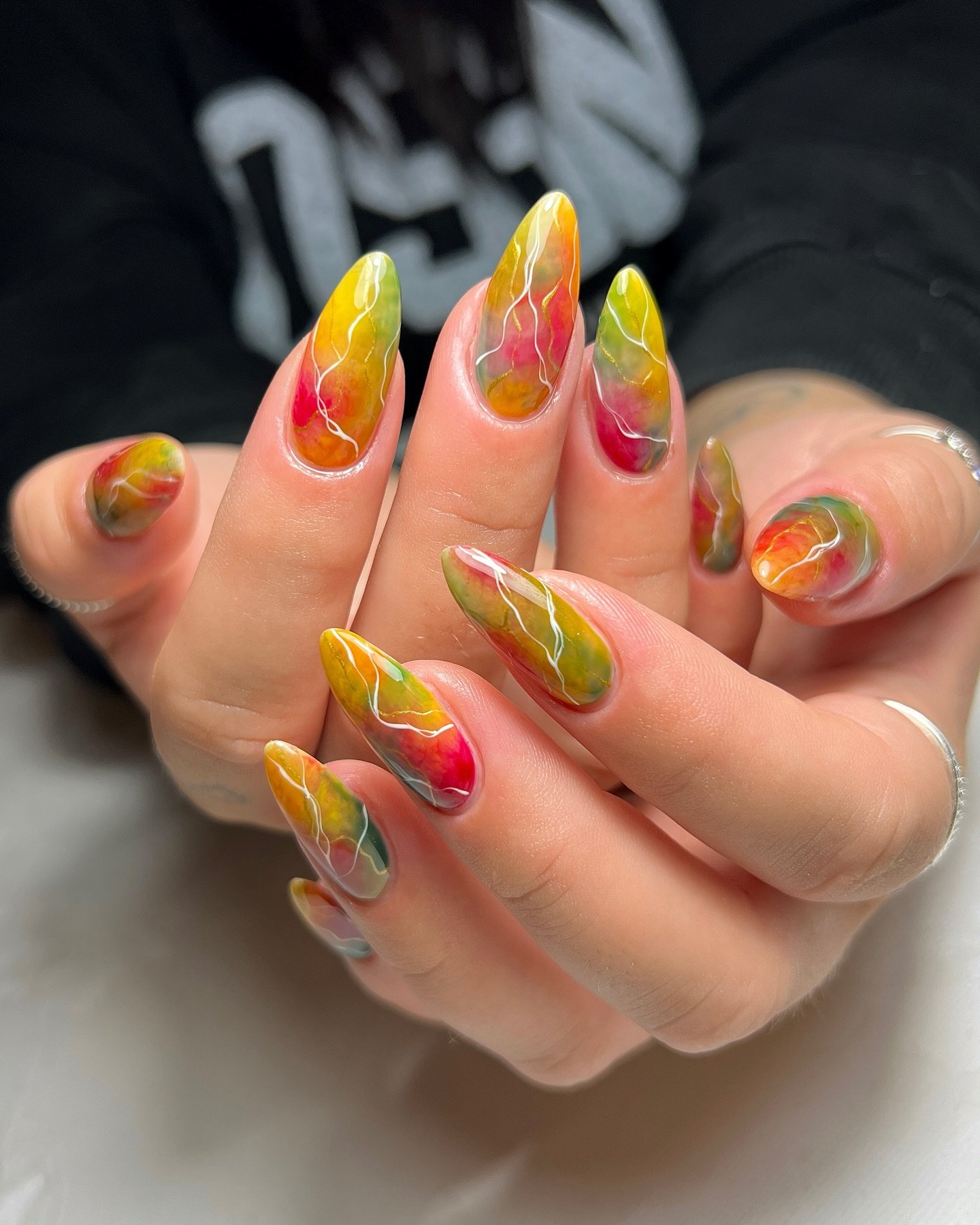 Bright Orange and Yellow Almond Nails