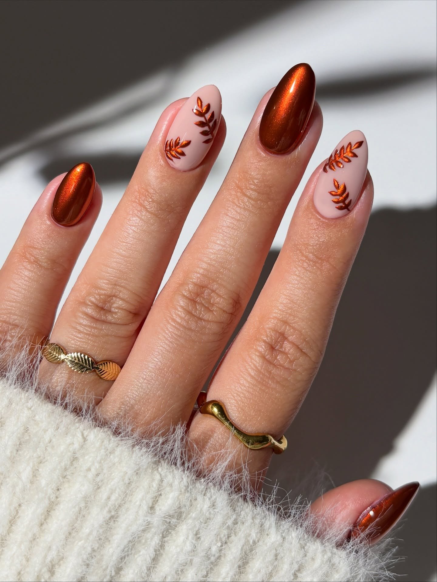 Copper Chrome Nails with Fine Autumn Line Art