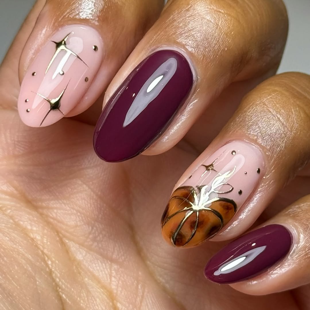 Blush Pink and Deep Plum Nails with Botanical Accents