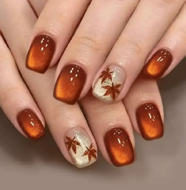 Copper Brown Nails with Cream Floral Accents