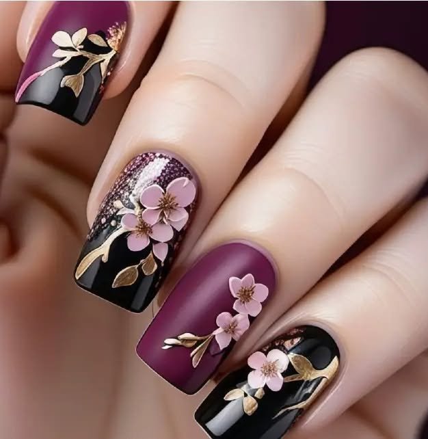 Purple Floral Nails with Black and Cream Details