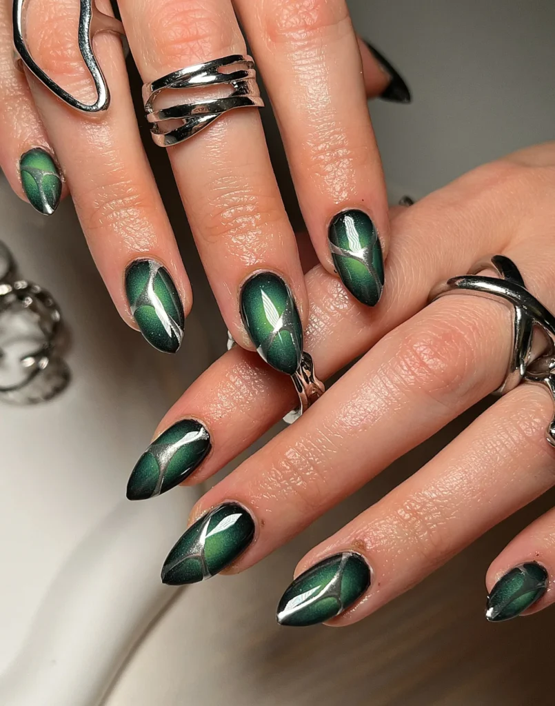 Deep Emerald Green Almond Nails with Nude Accents